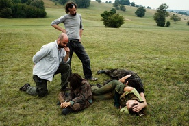 Jan Cvitkovič, Tommaso Finzi, Medea Novak, Niko Novak, Jure Černec na snemanju filma Arheo (2011).