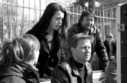 Aleš Belak, Nina Ivanišin, Damjan Kozole na snemanju filma Slovenka (2009).