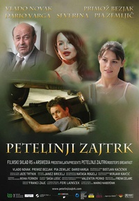 Plakat: Petelinji zajtrk (2007). Na fotografiji: Primož Bezjak, Vlado Novak, Severina Vučković, Pia Zemljič