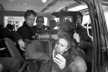 Aleš Belak, Ian Coffey, Damjan Kozole, Marko Kočevar na snemanju filma Slovenka (2009).
