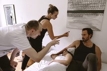 Lea Bole, Anka Eržen, Jan Fabris, Miha Rodman on the set of Spominjanje (2022).