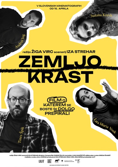Plakat: Zemljo krast (2025). Na fotografiji: Andraž Jug, Suzana Krevh, Lara Maria Vouk, Tines Špik