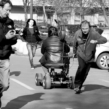 Ian Coffey, Nina Ivanišin, Janez Petretič, Stane Podobnikar (II) na snemanju filma Slovenka (2009).