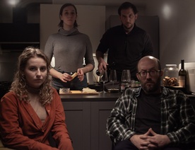 Andraž Jug, Suzana Krevh, Lara Maria Vouk, Tines Špik on the set of Zemljo krast (2025).