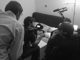 Peter Bizjak, Rok Kajzer Nagode, Diego Menendes na snemanju filma Mladi Menendes (2014).