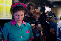 Urša Kavčič, Sašo Štih, Hanna Szentpéteri on the set of Iva, 24 (2018).