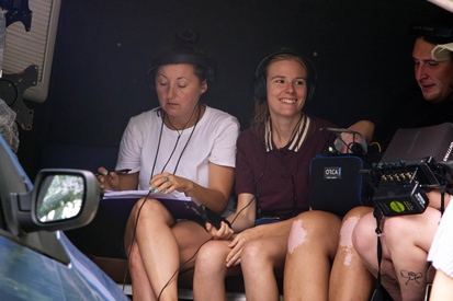 Katja Predan na snemanju filma Štuk (s.d.).