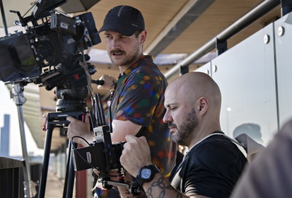 Nikola Ljuca, Mladen Teofilović on the set of Zvečarke (s.d.).