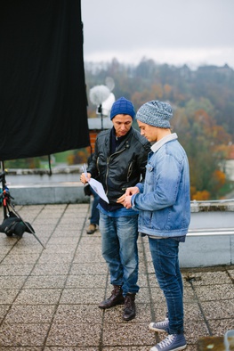 Tadej Koren Šmid, Dražen Štader na snemanju filma Všečkana (2015).