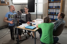 Jure Ivanušič, Minca Lorenci, Jure Černec on the set of Bik (2019).